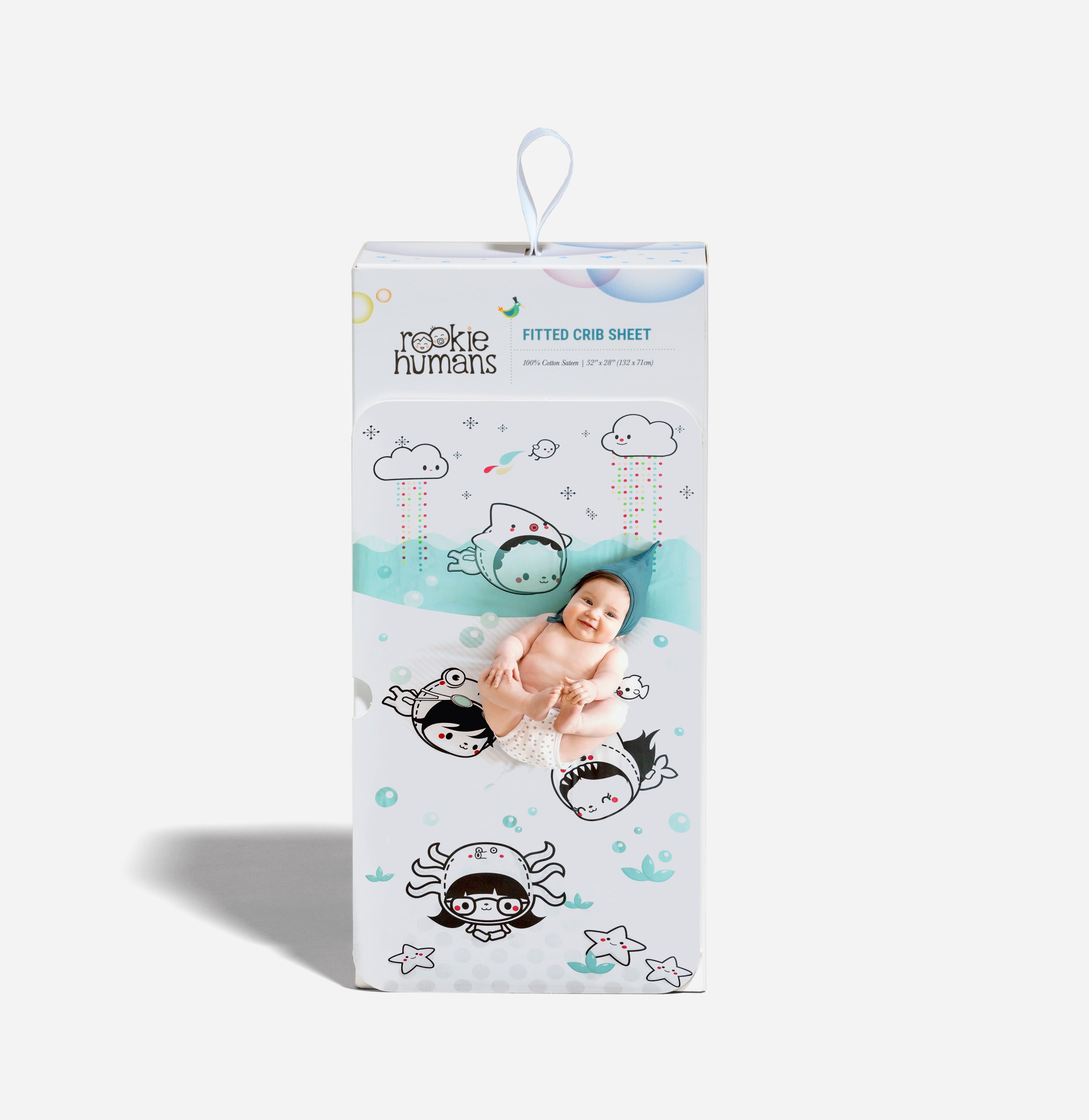 Fitted baby crib sheet by Rookie Humans, Dive In. Illustrated by Elisa Sassi. Designed for the modern nursery, packaged to make a unique baby shower gift.