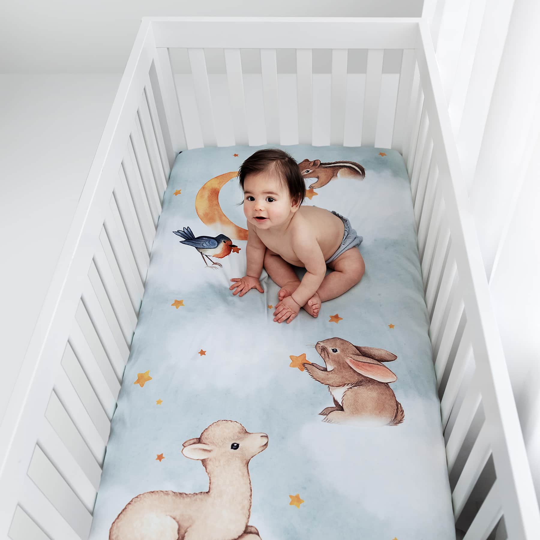 Rookie Humans crib sheet Goodnight Wonderland, fitted crib sheet with llama bunny bird moon stars and chipmunk. Light blue crib sheet with clouds.