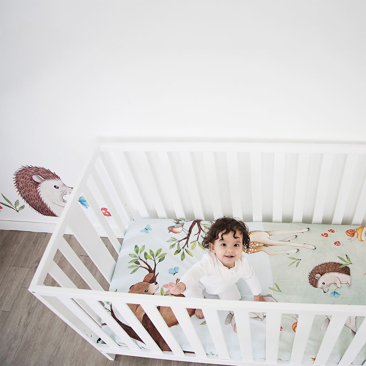 woodland nursery decor wall decal with fawn and hedgehog