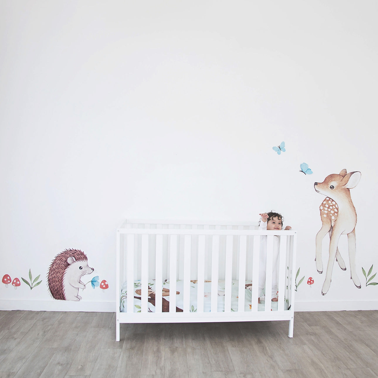 woodland nursery decor wall decal with fawn and hedgehog