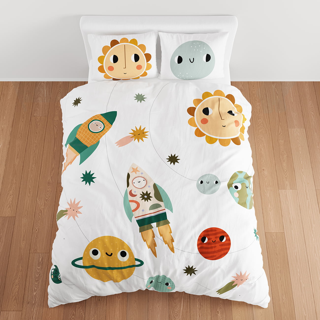 kids space themed bedding set, space themed bedroom decor, space planets stars and rockets duvet and pillowcase set