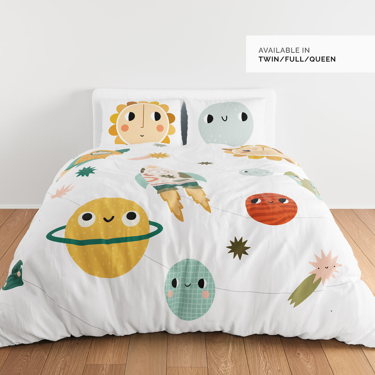 kids space themed bedding set, space themed bedroom decor, space planets stars and rockets duvet and pillowcase set