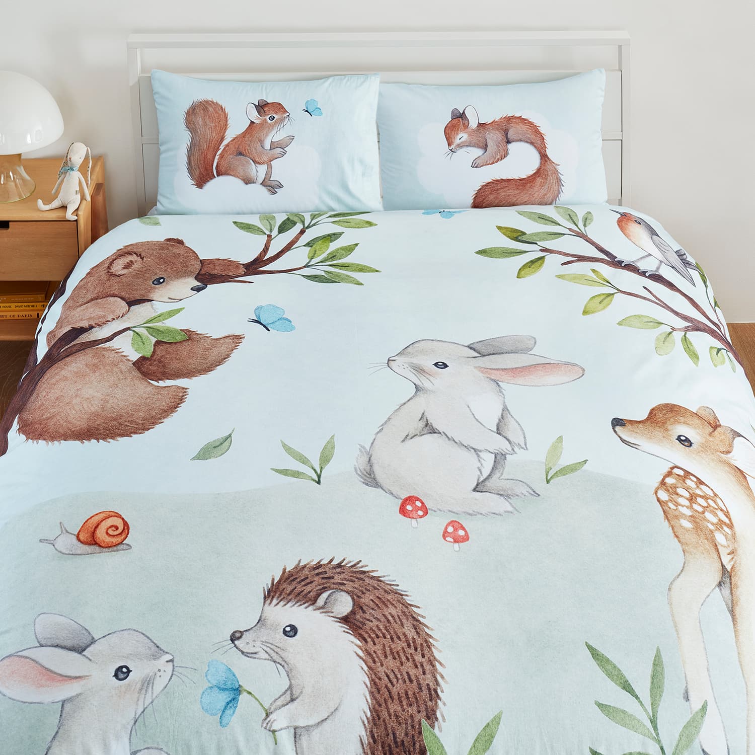 Woodland Forest bedding for kids, fawn, squirrel, butterfly, bear, bunny, hedgehog, forest animals, mushrooms. In twin full and queen size.