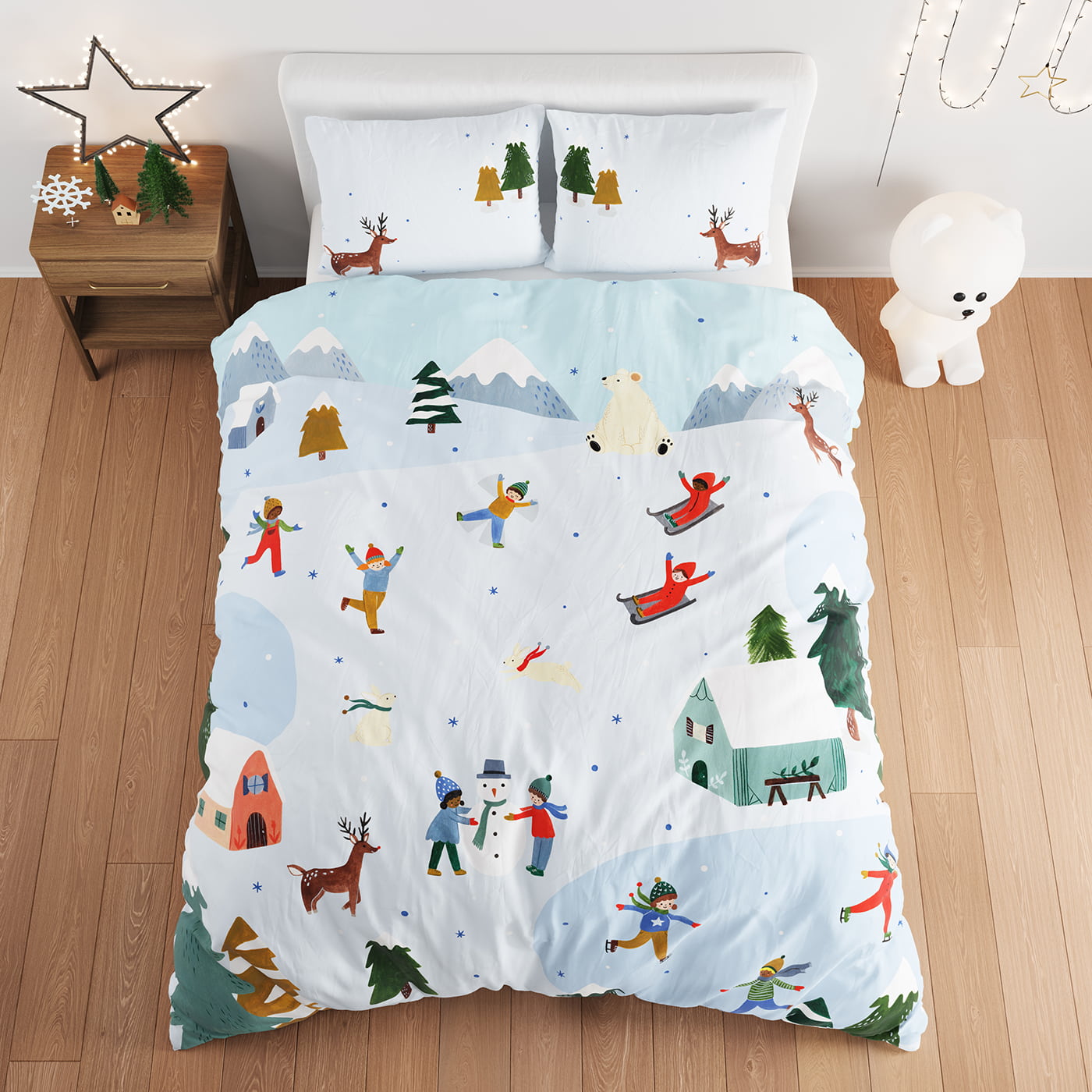 Snowy day holiday christmas winter themed bedding in twin full and queen size. Features snowy mountains, reindeer, arctic bunnies, snowmen and polar bear. Christmas bedding set, Christmas duvet.