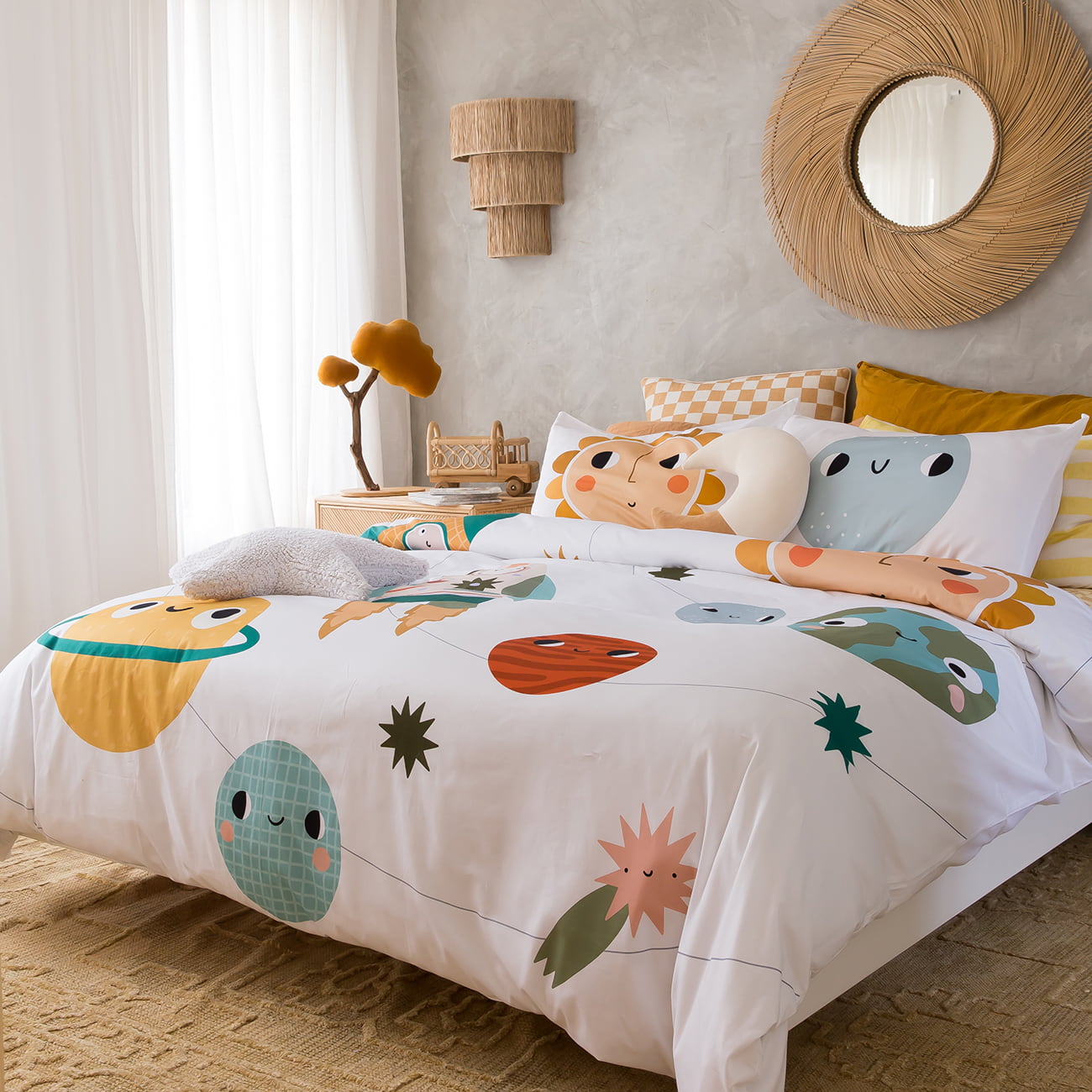 kids space themed bedding set, space themed bedroom decor, space planets stars and rockets duvet and pillowcase set, modern kids bedding, colorful kids bedding