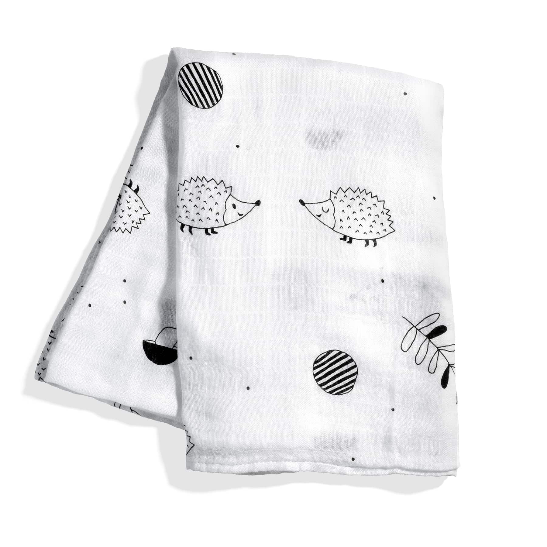 woodland baby swaddle, black and white, bamboo, hedgehogs and mushrooms