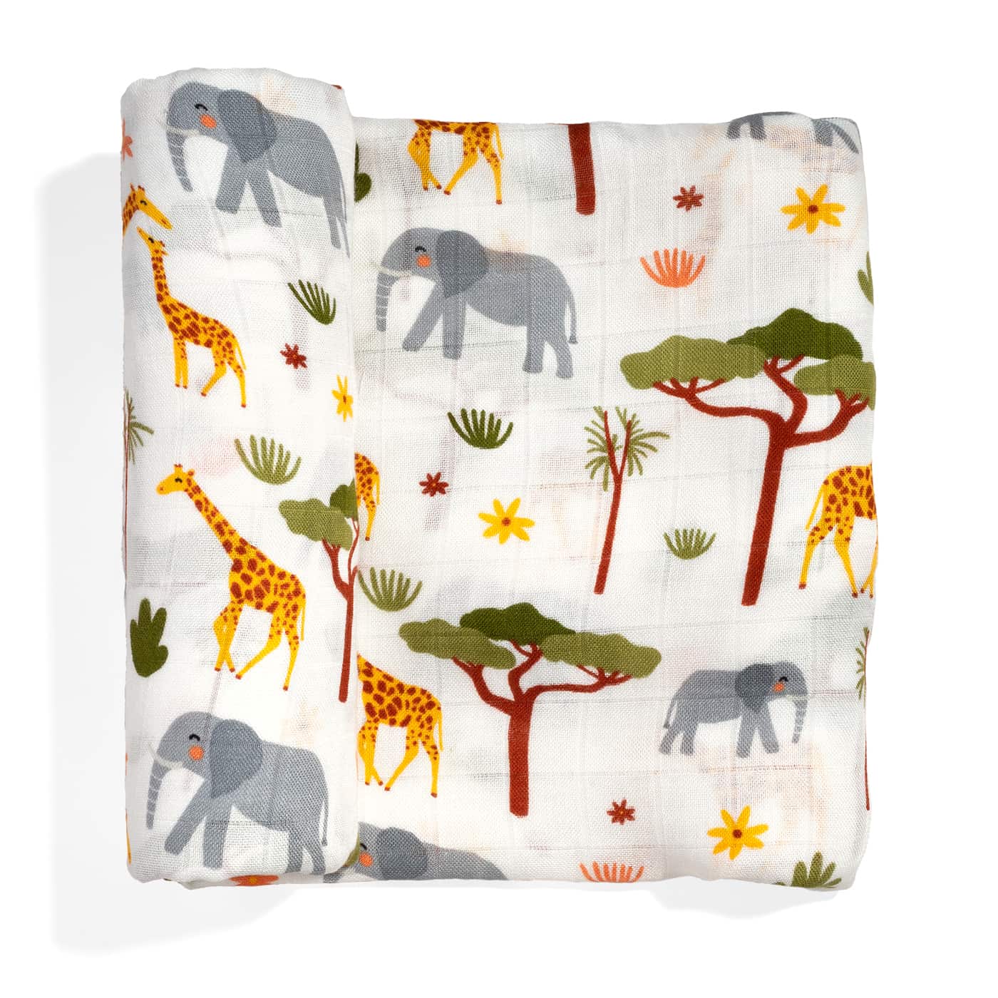 safari animals swaddle, viscose from bamboo, with elephants and giraffes 