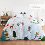 Snowy day holiday christmas winter themed bedding in twin full and queen size. Features snowy mountains, reindeer, arctic bunnies, snowmen and polar bear. Christmas bedding set, Christmas duvet.