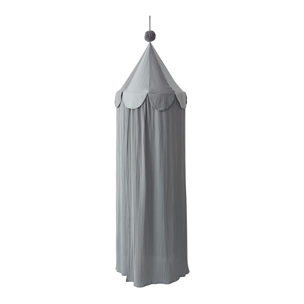 Kids cotton bed canopy in blue with pompom