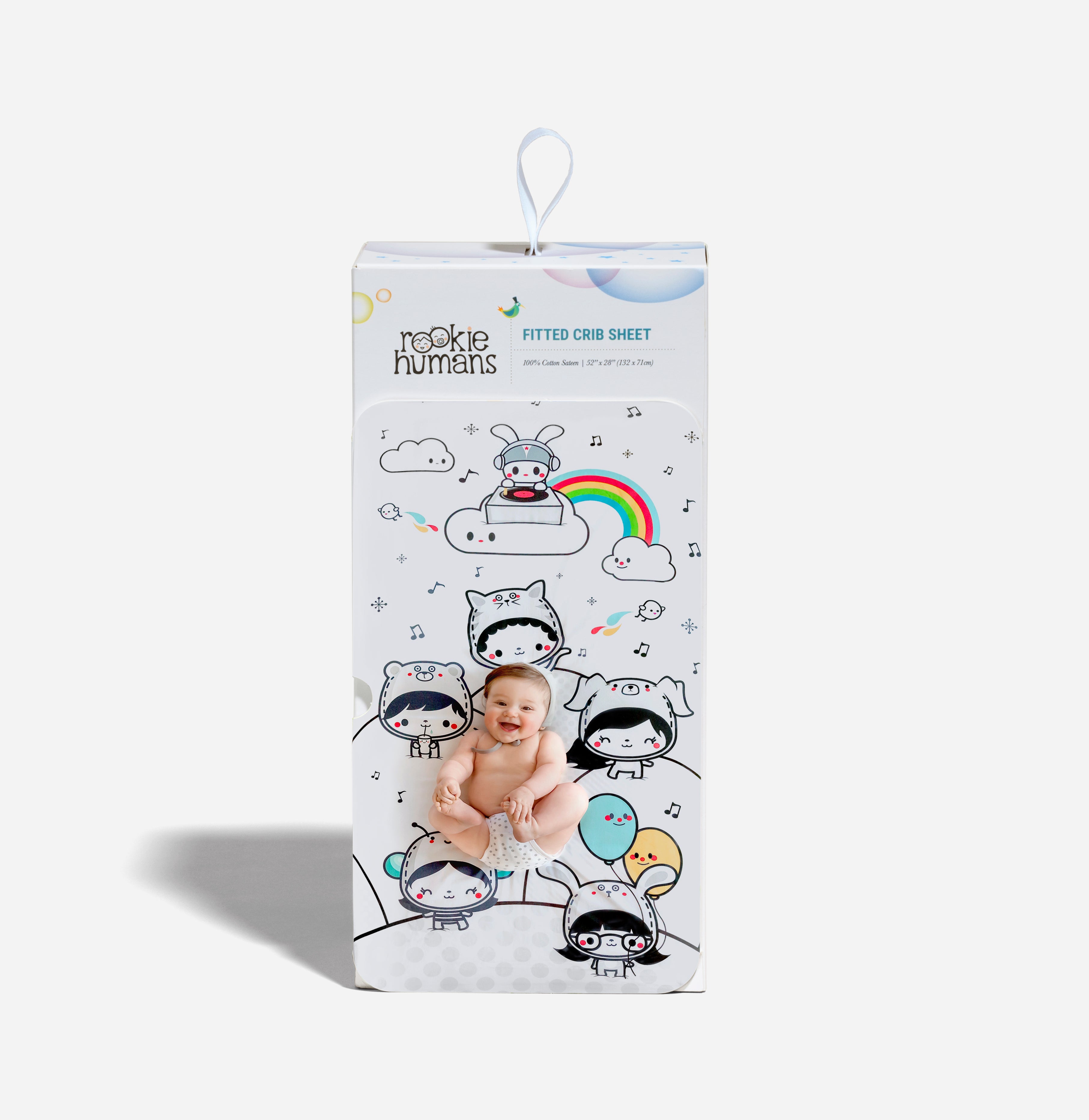 Fitted baby crib sheet by Rookie Humans, Party In My Crib. Illustrated by Elisa Sassi. Designed for the modern nursery, packaged to make a unique baby shower gift. 