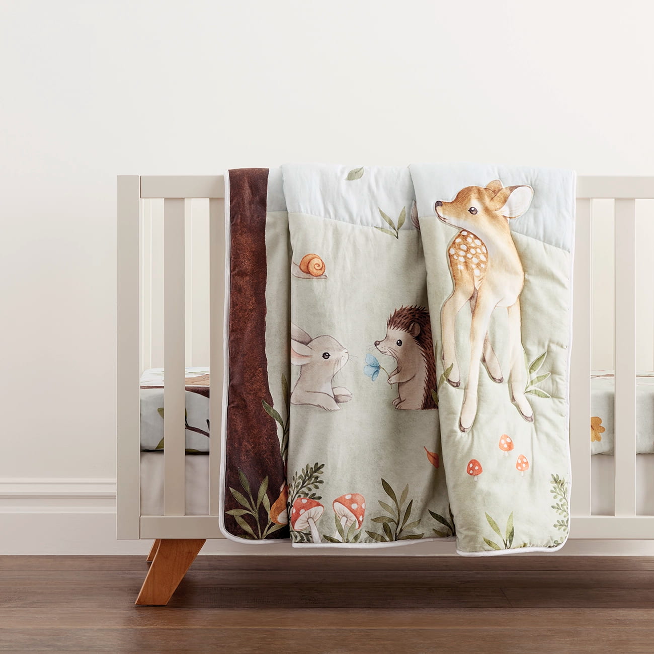 Enchanted forest toddler comforter woodland baby quilt with bear bunny bird fawn hedgehog, forest scene