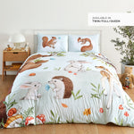 Woodland Forest bedding for kids, fawn, squirrel, butterfly, bear, bunny, hedgehog, forest animals, mushrooms. In twin full and queen size.