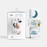crib sheet and matching swaddle bundle with moon, cloud, bird, stars, mouse. Rookie Humans.
