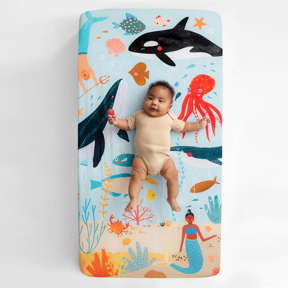 under the sea crib sheet with orca whale fish and mermaid