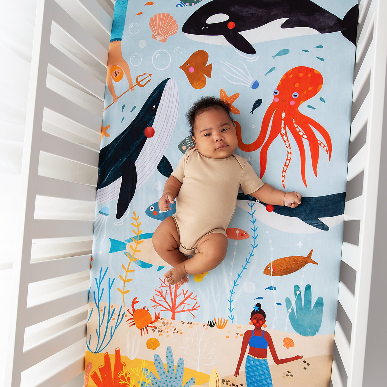 under the sea crib sheet with orca whale fish and mermaid