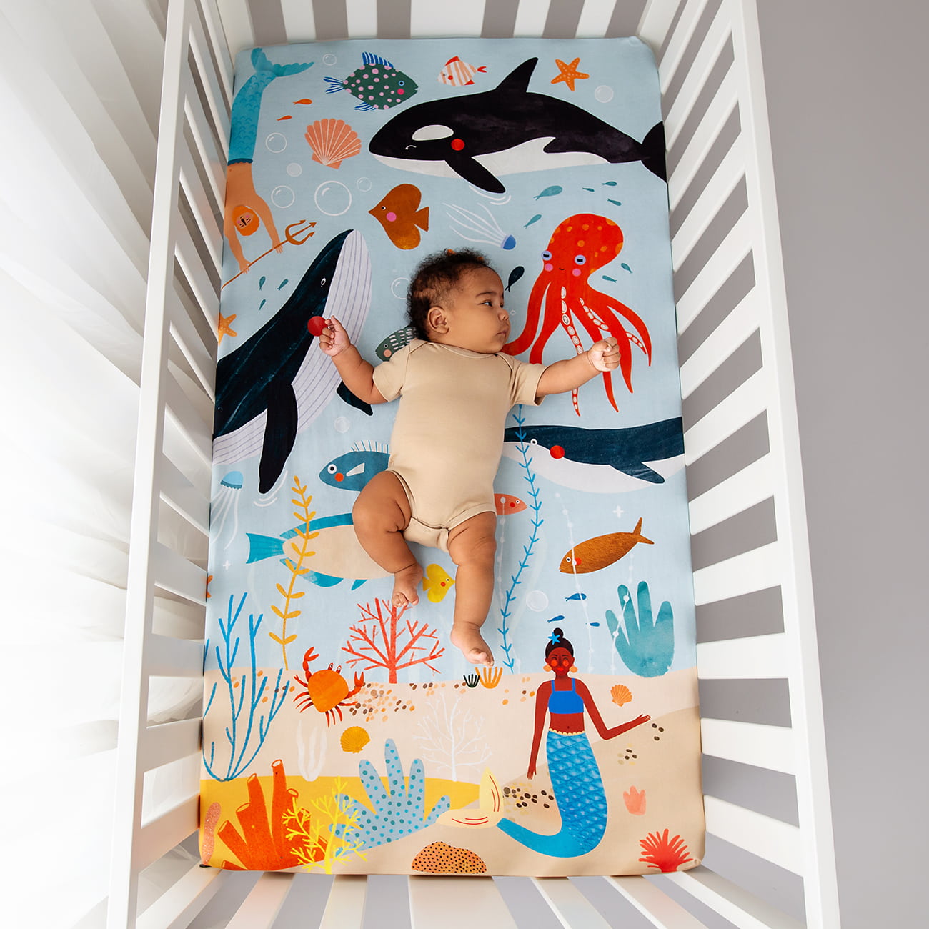 under the sea crib sheet with orca whale fish and mermaid