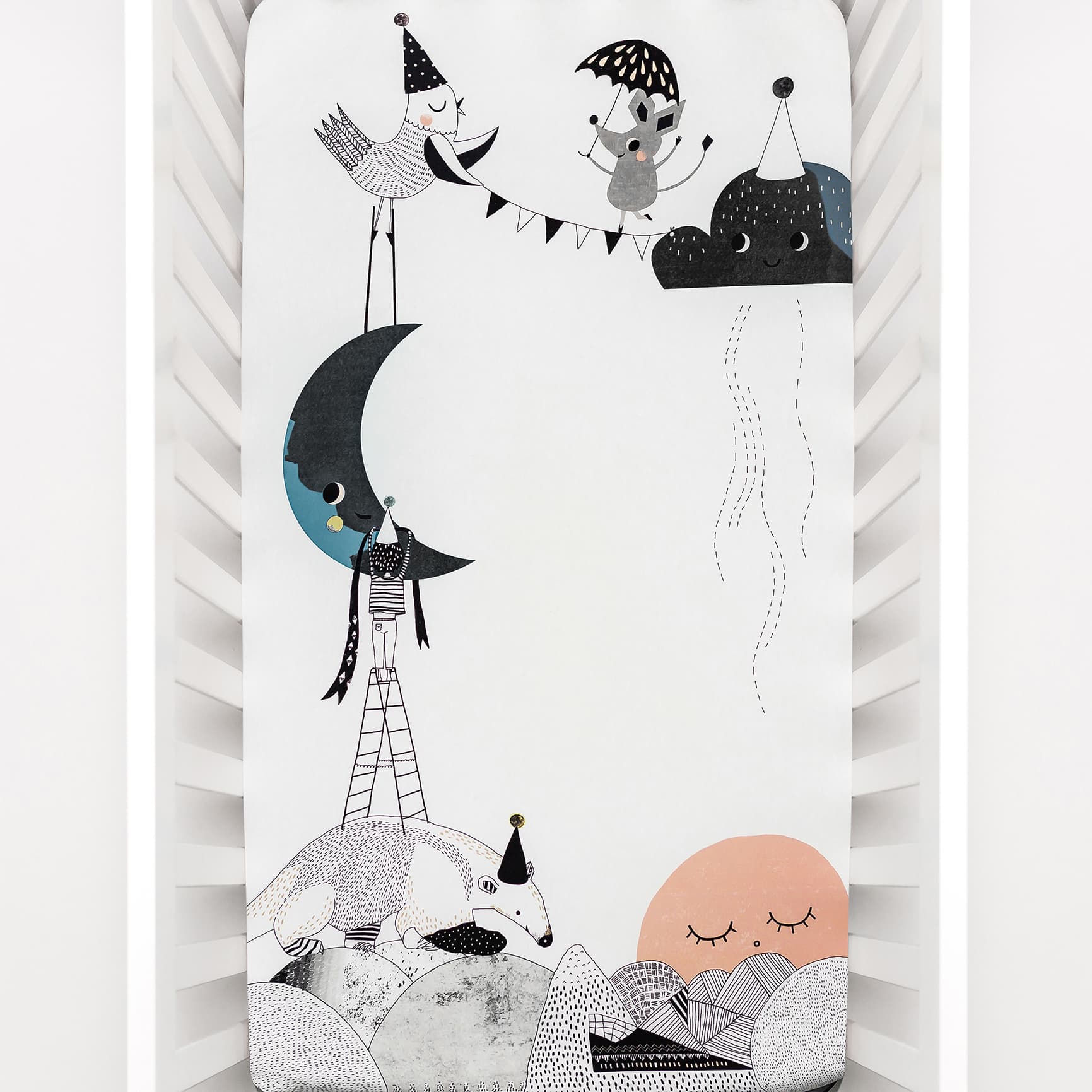 Fitted baby crib sheet by Rookie Humans, The Moon's Birthday. Illustrated by Swanjte Hinrichsen. Designed for the modern nursery, packages to make a unique baby shower gift.