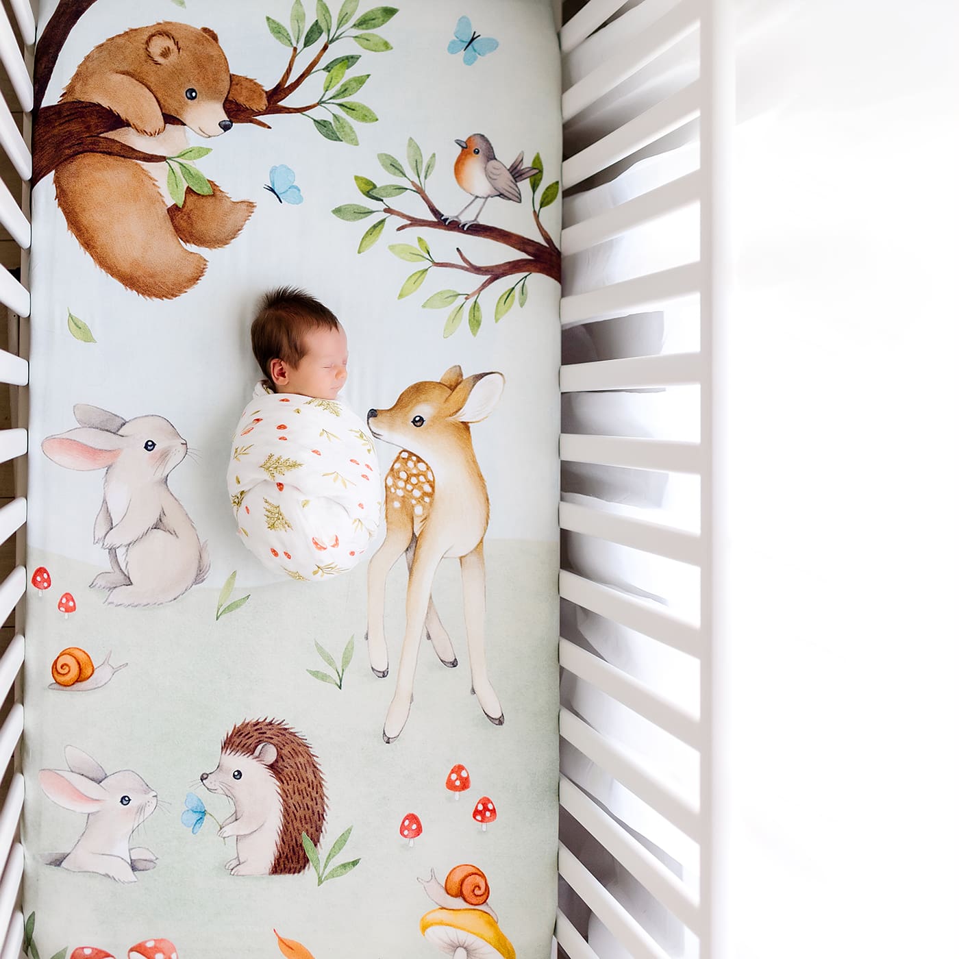 woodland creatures crib sheet and swaddle, crib sheet with bear bunny and hedgehog, swaddle with mushrooms and leafs