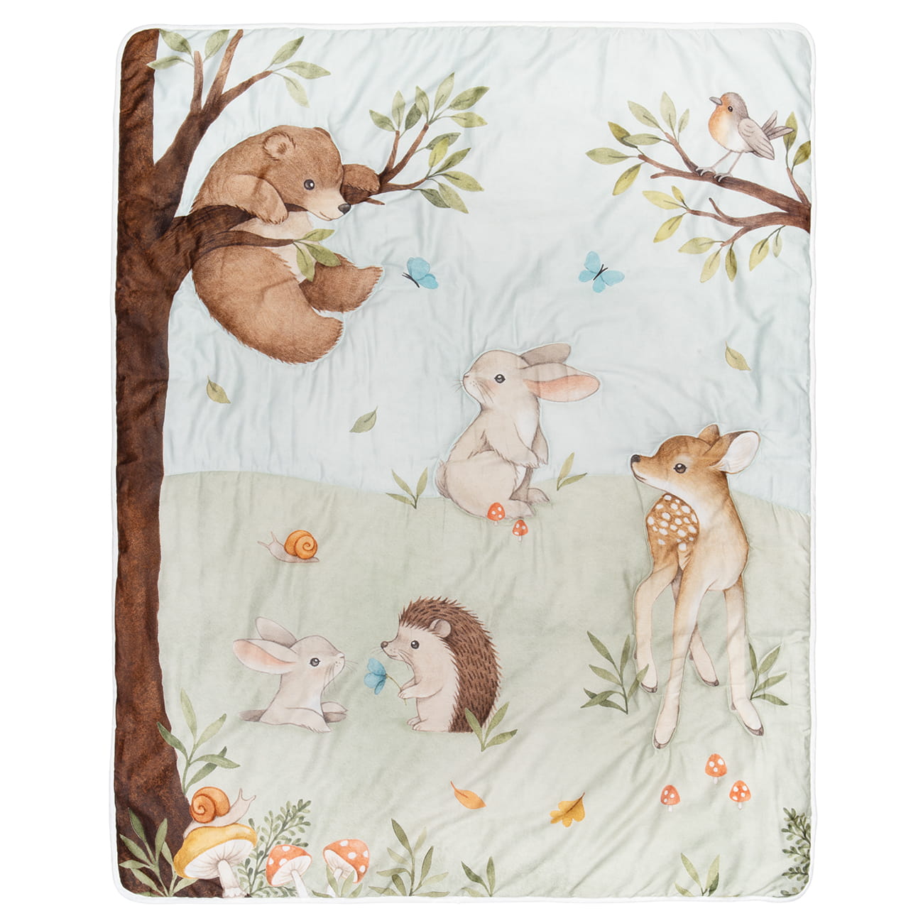 Enchanted forest toddler comforter woodland baby quilt with bear bunny bird fawn hedgehog, forest scene