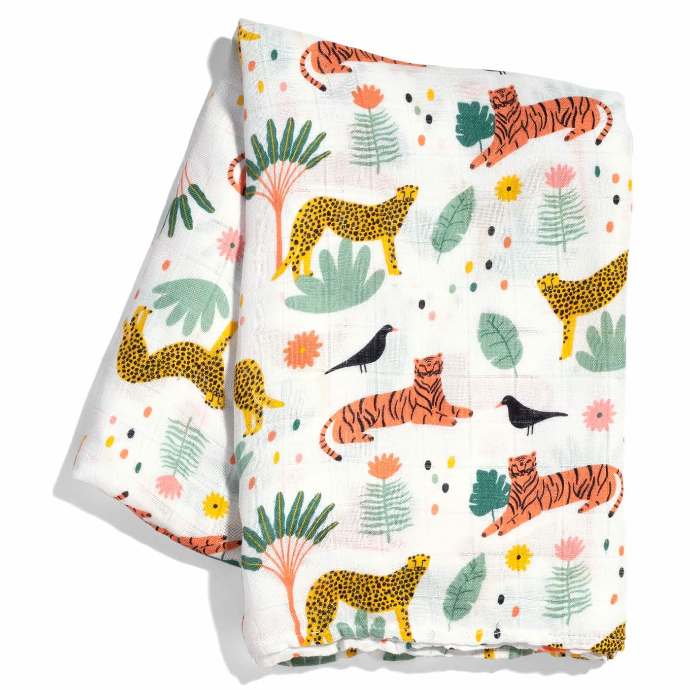 jungle crib sheet and matching jungle swaddle print. Pattern includes cheetahs, tigers and wild vegetation. Perfect addition to a jungle nursery or safari nursery.