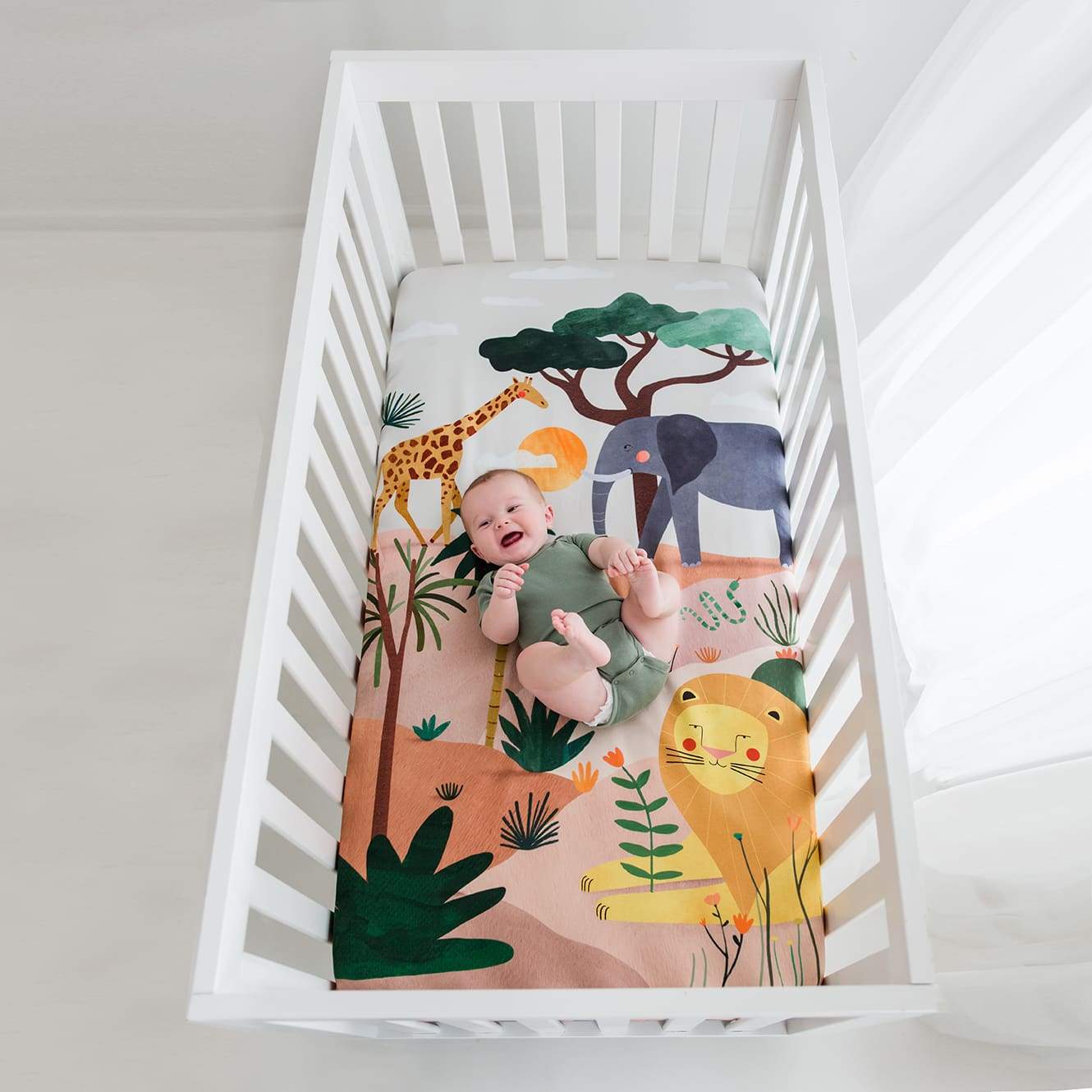 savanna crib sheet, safari nursery theme, with giraffe, elephant and lion