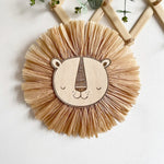boho nursery decor lion head in wood and raffia