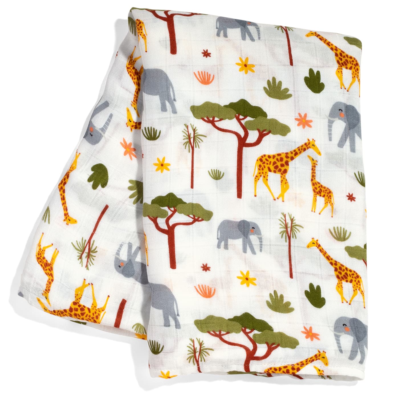 safari animals swaddle, giraffes and elephants