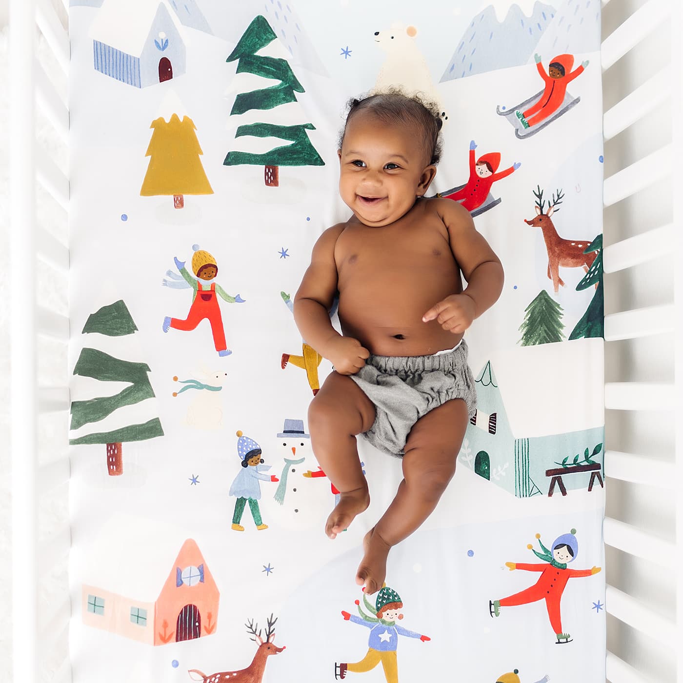 Snowy Day baby crib sheet, winter baby crib sheet, holiday crib sheet, Christmas crib sheet, winter crib sheet, snow crib sheet, reindeer crib sheet