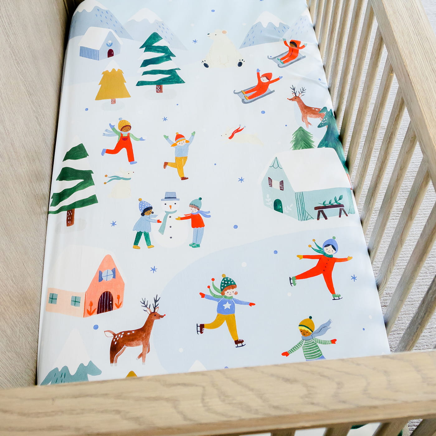 Snowy Day baby crib sheet, winter baby crib sheet, holiday crib sheet, Christmas crib sheet, winter crib sheet, snow crib sheet, reindeer crib sheet