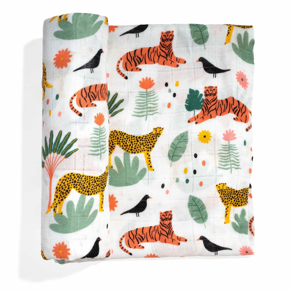 jungle bamboo swaddle with tigers and cheetahs